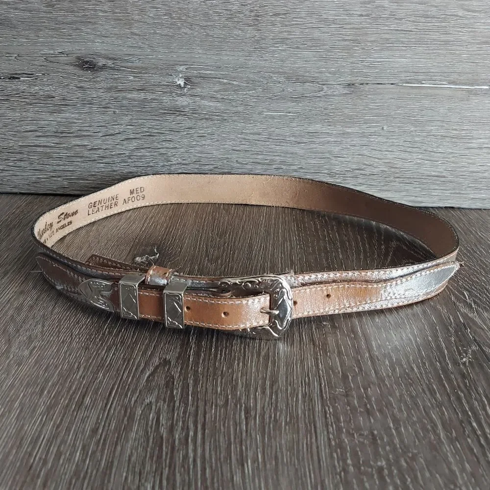 Charley Stone Embossed Leather Ranger Belt - Tan With Silver - Medium